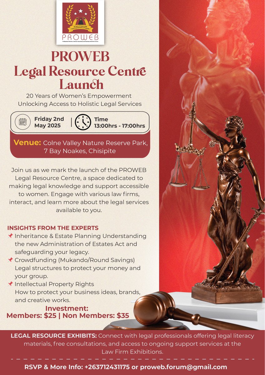 PROWEB (@proweb2005) on Twitter photo Join us for the launch of the PROWEB Legal Resource Centre on Friday, 2nd May 2025
✅ Expert sessions on estate planning, crowdfunding, IP & more
✅ Free legal consultations & resources
✅ Networking with legal professionals
📲 Register: 071 243 1175 | proweb.forum@gmail.com Join us for the launch of the PROWEB Legal Resource Centre on Friday, 2nd May 2025
✅ Expert sessions on estate planning, crowdfunding, IP & more
✅ Free legal consultations & resources
✅ Networking with legal professionals
📲 Register: 071 243 1175 | proweb.forum@gmail.com