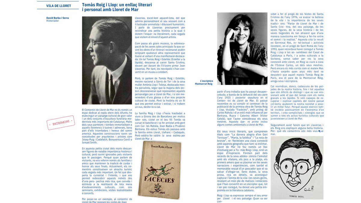 Noves propostes d'itineraris literaris, culturals i patrimonials.
Centenari de l'obra "Facècies" (1924) el debut literari de Tomàs Llop i Roig, un recull de relats molts d'ells inspirats en Lloret de Mar.
Revista Celobert. N. 233, abril 2025.
<a href="/amarguracultura/">Amargura Cultura</a> Som Experiències 😉