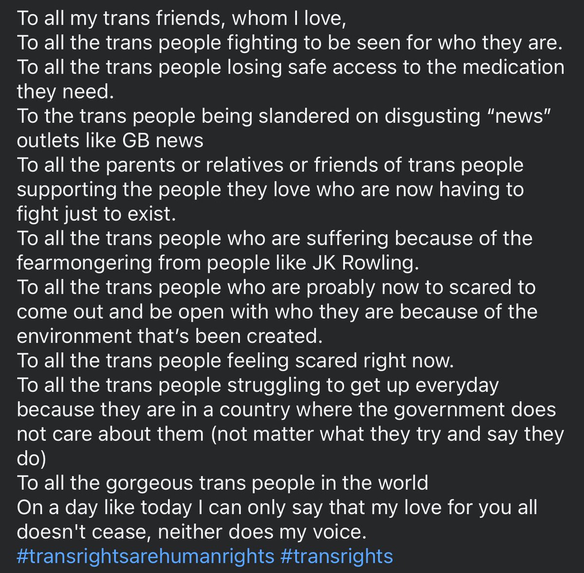 On a day like today.
To all the trans people out there. I love you all and I won’t stop shouting my support.
#TransRights #TransRightsAreHumanRights