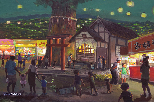 TOMOYAARTS's tweet photo. 🌌 “Sora（宙）”  
A humble festival, a sacred tree, and quiet memories under lanterns—now connected to the stars.  
Minted on OpenSea  
🎨 Collection: Where Daydreams Meet Reality  
🔗 [Insert link]  
#NFTart #FantasyArt #AcrylicArt #NFTCommunity #JapaneseCulture https://t.co/QF0CuRp9gC