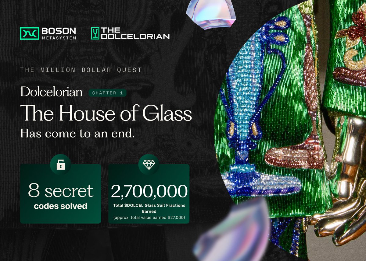 Boson Metasystem (@bosonprotocol) on Twitter photo Chapter 1: The House of Glass has come to an end!
๐๐ Congratulations to all the winners who solved the codes:
Clue 0: <a href="/CTBorisz/">Borisz</a>
Code 1: <a href="/plutodi3d/">Pluto's CLONE</a>
Code 2: <a href="/CTBorisz/">Borisz</a>
Code 3: <a href="/sfyevv/">Wondering nomad</a>
Code 4: <a href="/plutodi3d/">Pluto's CLONE</a>
Code 5: <a href="/theo_web3_/">Theo'Da Web3 Boy</a>
Code 6: <a href="/MerNion/">Konstantinos</a>
Code 7: <a href="/_genesisx0/">Genesisx0</a>
Code 8: Chapter 1: The House of Glass has come to an end!
๐๐ Congratulations to all the winners who solved the codes:
Clue 0: <a href="/CTBorisz/">Borisz</a>
Code 1: <a href="/plutodi3d/">Pluto's CLONE</a>
Code 2: <a href="/CTBorisz/">Borisz</a>
Code 3: <a href="/sfyevv/">Wondering nomad</a>
Code 4: <a href="/plutodi3d/">Pluto's CLONE</a>
Code 5: <a href="/theo_web3_/">Theo'Da Web3 Boy</a>
Code 6: <a href="/MerNion/">Konstantinos</a>
Code 7: <a href="/_genesisx0/">Genesisx0</a>
Code 8: