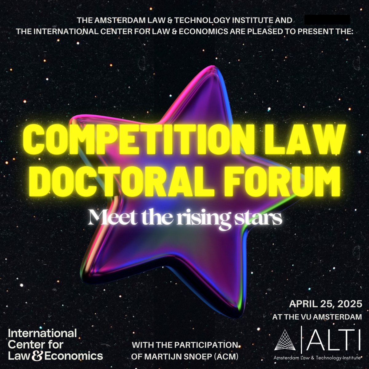 Thibault Schrepel (@profschrepel) on Twitter photo I am pleased to announce the first edition of the “Competition Law Doctoral Forum” at the Vrije Universiteit Amsterdam: alti.amsterdam/event/competit…
Co-organized by the <a href="/alti_VU/">Amsterdam Law & Technology Institute | ALTI</a> and <a href="/LawEconCenter/">Int'l Ctr Law & Econ</a>, the Forum aims to establish an annual gathering of promising PhD candidates in the I am pleased to announce the first edition of the “Competition Law Doctoral Forum” at the Vrije Universiteit Amsterdam: alti.amsterdam/event/competit…
Co-organized by the <a href="/alti_VU/">Amsterdam Law & Technology Institute | ALTI</a> and <a href="/LawEconCenter/">Int'l Ctr Law & Econ</a>, the Forum aims to establish an annual gathering of promising PhD candidates in the