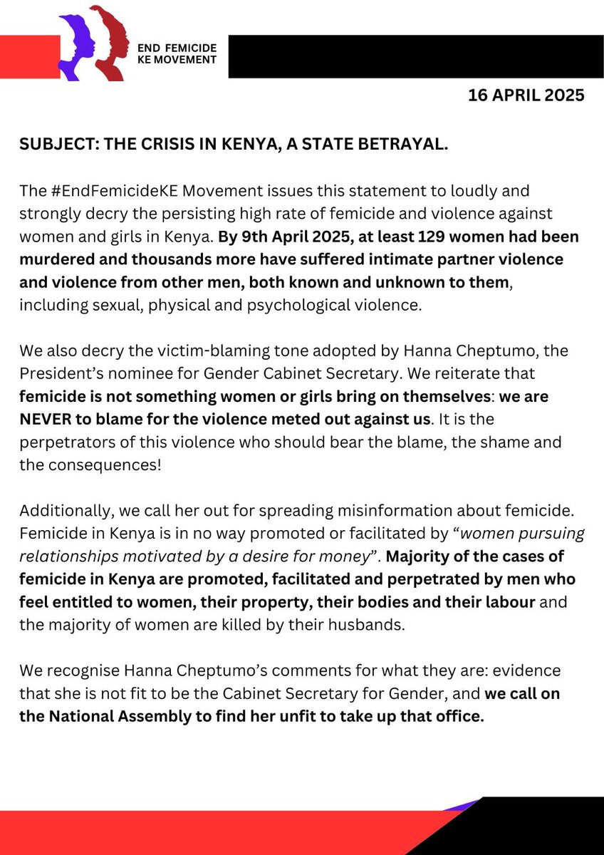 Dear <a href="/NAssemblyKE/">National Assembly KE</a>
We reject Hanna Cheptumo as a CS for gender: hajui kazi! #EndFemicideKE ✊🏾✊🏾
