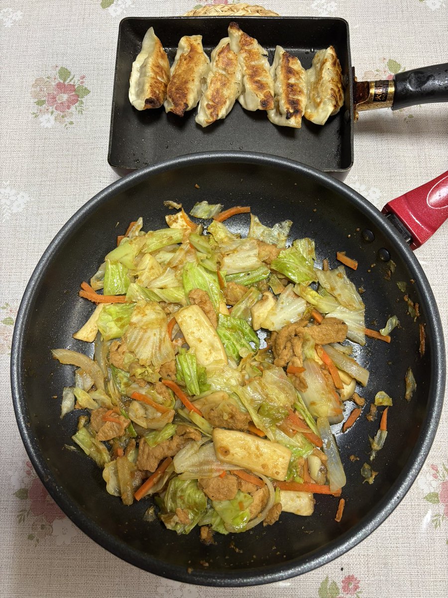 vegan__teacher's tweet photo. 水曜夜も夫の手料理で👨
1️⃣大豆ミート入り野菜炒めと🫘🥕🧅🥬
2️⃣脱搾取餃子🌱🥟
の２品でした✌️💚

この「街の中華料理屋」的な品々も
動物の犠牲など一切なしに楽しめます🥰

#脱搾取 #vegan #大豆ミート #soymeat #野菜炒め #friedvegetables #餃子 #dumplings #夕食 #dinner https://t.co/uMNMV2WV9D