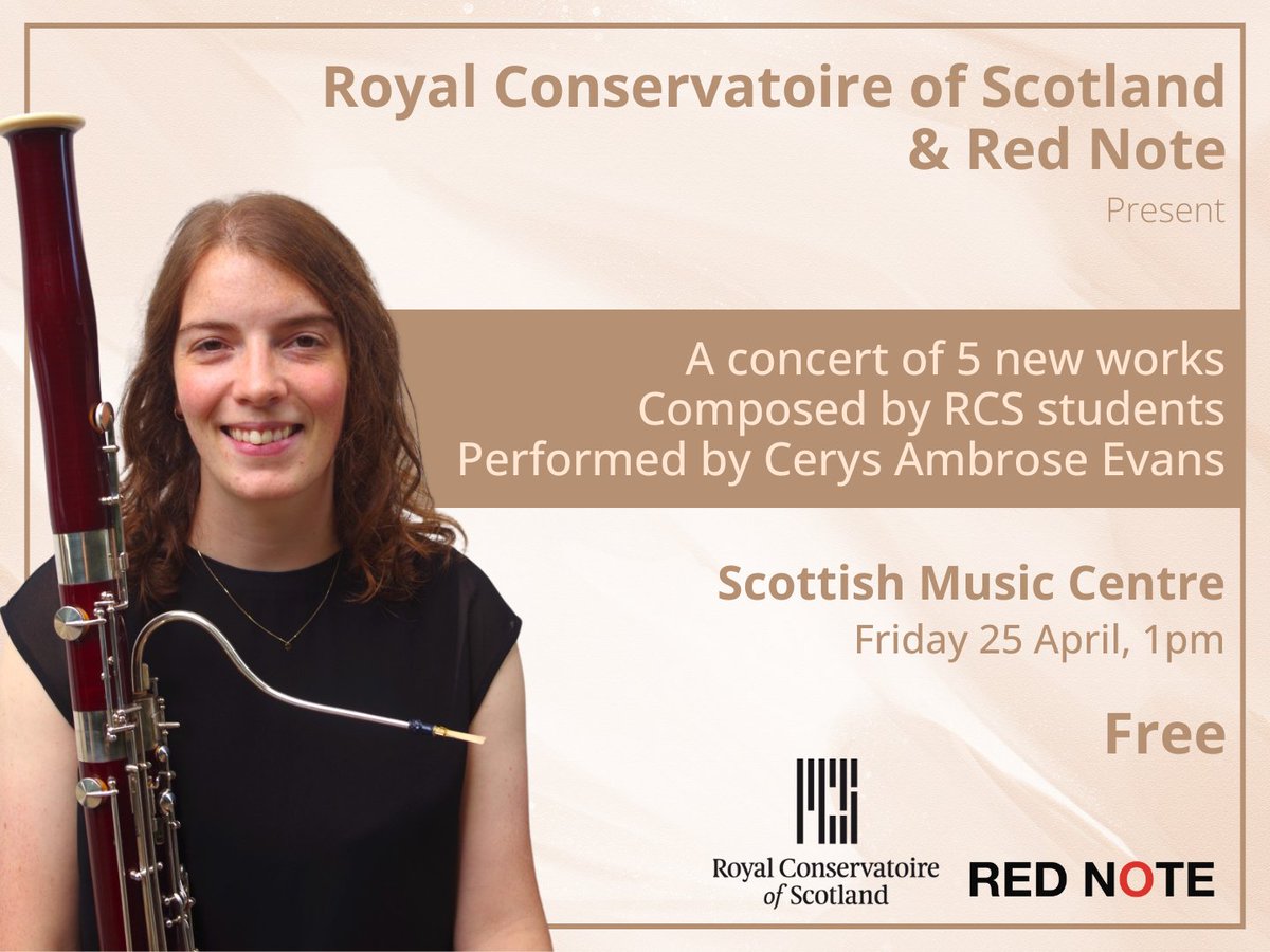 Scottish Music Centre (@scottishmusic) on Twitter photo 25 April at our place <a href="/scottishmusic/">Scottish Music Centre</a> 5 new works by <a href="/RCStweets/">Royal Conservatoire of Scotland</a> students in partnership with <a href="/rednoteensemble/">Red Note Ensemble</a> sees Cerys Ambrose Evans perform on solo bassoon FREE no booking required more info at ➡ rednoteensemble.com/event/rcs-red-… 25 April at our place <a href="/scottishmusic/">Scottish Music Centre</a> 5 new works by <a href="/RCStweets/">Royal Conservatoire of Scotland</a> students in partnership with <a href="/rednoteensemble/">Red Note Ensemble</a> sees Cerys Ambrose Evans perform on solo bassoon FREE no booking required more info at ➡ rednoteensemble.com/event/rcs-red-…