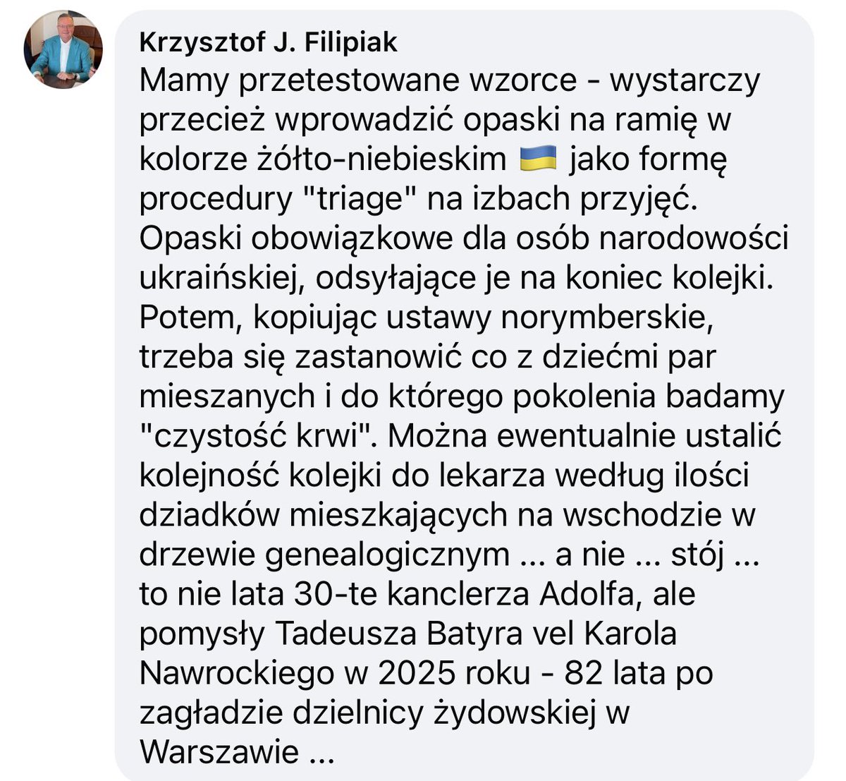 Krzysztof J. Filipiak (@kjfilipiak) on Twitter photo U Sędziego Jerzego Stępnia, byłego Prezesa Trybunału Konstytucyjnego, na profilu FB dyskusja o segregacji pacjentów ze względu na narodowość. Dziękuję Jurku za rozpoczęcie tego wątku. 🥼 nie mają wątpliwości. Wstyd, że nad tym dyskutujemy. <a href="/NaczelnaL/">Naczelna Izba Lekarska</a> <a href="/Puls_Medycyny/">Puls Medycyny</a> <a href="/rynekzdrowia/">rynekzdrowia.pl</a> U Sędziego Jerzego Stępnia, byłego Prezesa Trybunału Konstytucyjnego, na profilu FB dyskusja o segregacji pacjentów ze względu na narodowość. Dziękuję Jurku za rozpoczęcie tego wątku. 🥼 nie mają wątpliwości. Wstyd, że nad tym dyskutujemy. <a href="/NaczelnaL/">Naczelna Izba Lekarska</a> <a href="/Puls_Medycyny/">Puls Medycyny</a> <a href="/rynekzdrowia/">rynekzdrowia.pl</a>