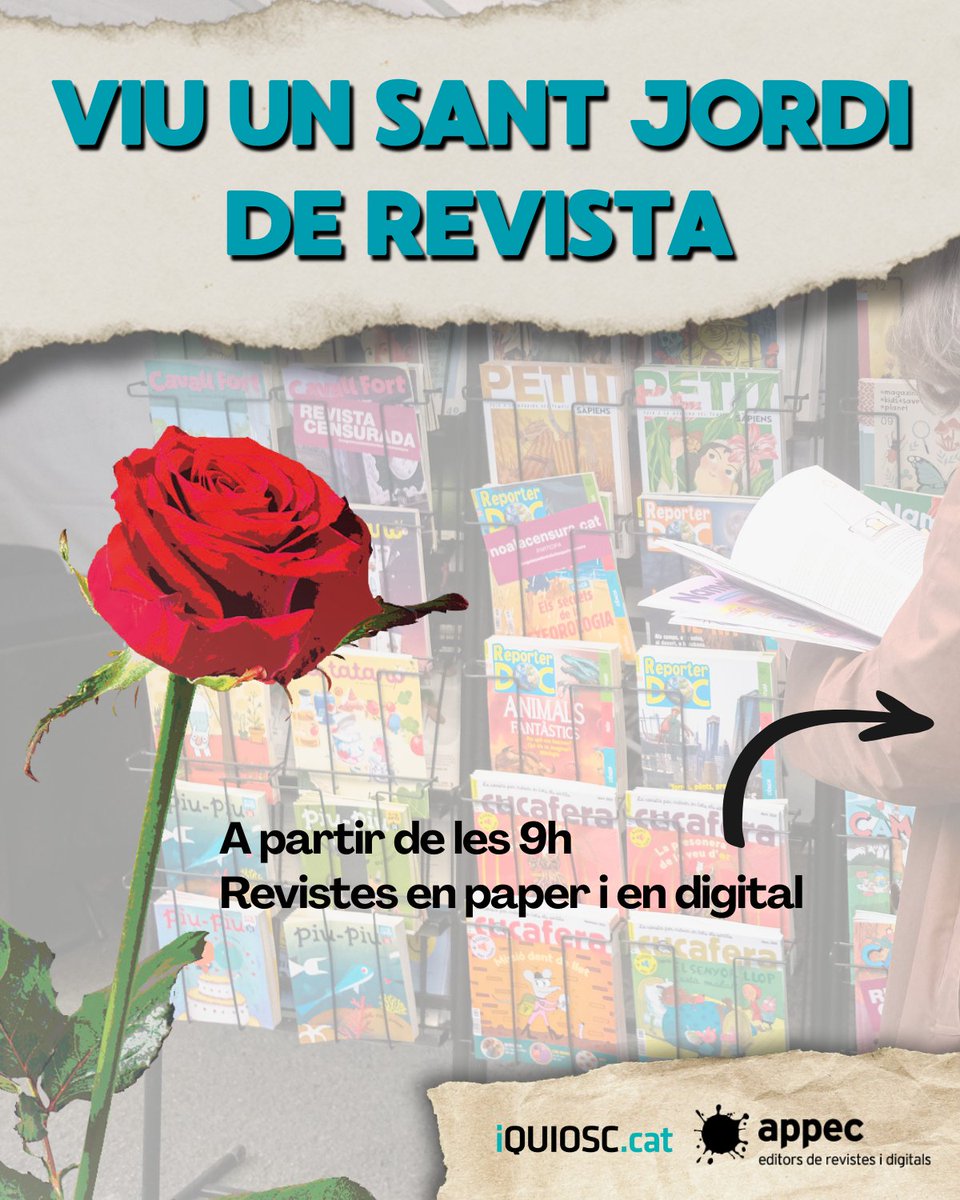 revistesAPPEC's tweet photo. 📚🌹Aquest #SantJordi2025 vine a la parada de l’APPEC!

📍C. Diputació (entre Rambla Catalunya i Pg. de Gràcia)
🕘A partir de les 9 h

Descobreix revistes en català i participa en el sorteig de 3 subscripcions anuals a l’ @iQuiosc!📲

#RevistesEnCatalà #SantJordideRevista https://t.co/yQ9HiPHH7E