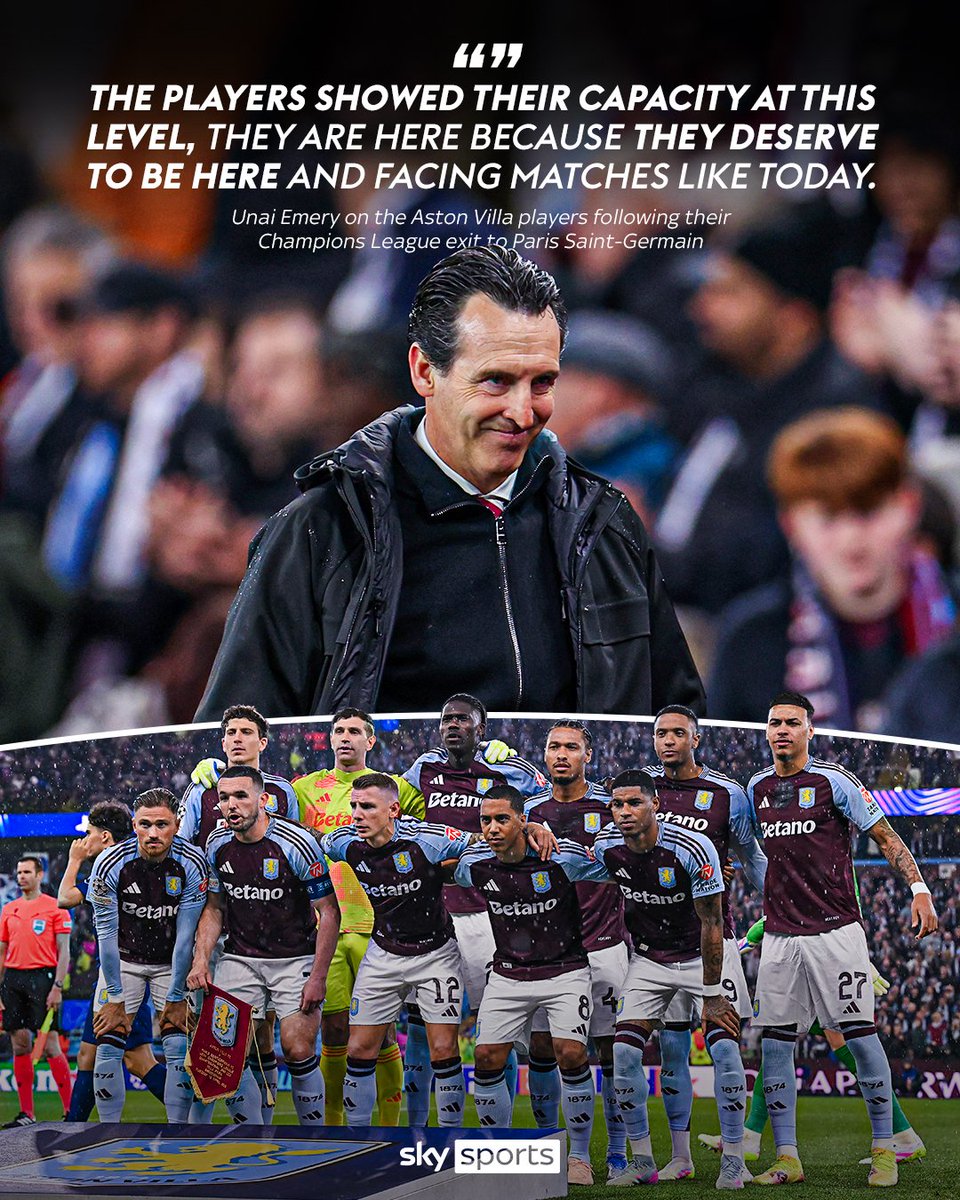 SkySports's tweet image. Aston Villa boss Unai Emery outlined how proud he was of his team following their performance against Paris Saint-Germain and insists they deserve to play in the Champions League again ⚽