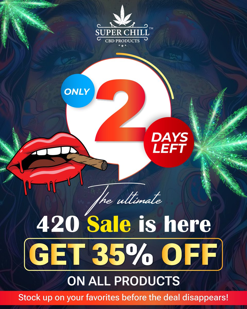 GetSuperChill's tweet photo. ⏰ Only 2 days left! Don’t miss your chance to get 35% OFF on all products! 🎉 Stock up now before it’s too late! 💚
#superchill #LastChance #CBDDeals #SaveBig #HurryUp #2DaysLeft #ShopNow #CBDProducts #DiscountTime #SaleAlert #LimitedOffer #CBDGoodies #RelaxationInABottle https://t.co/5VPlPD9UBm