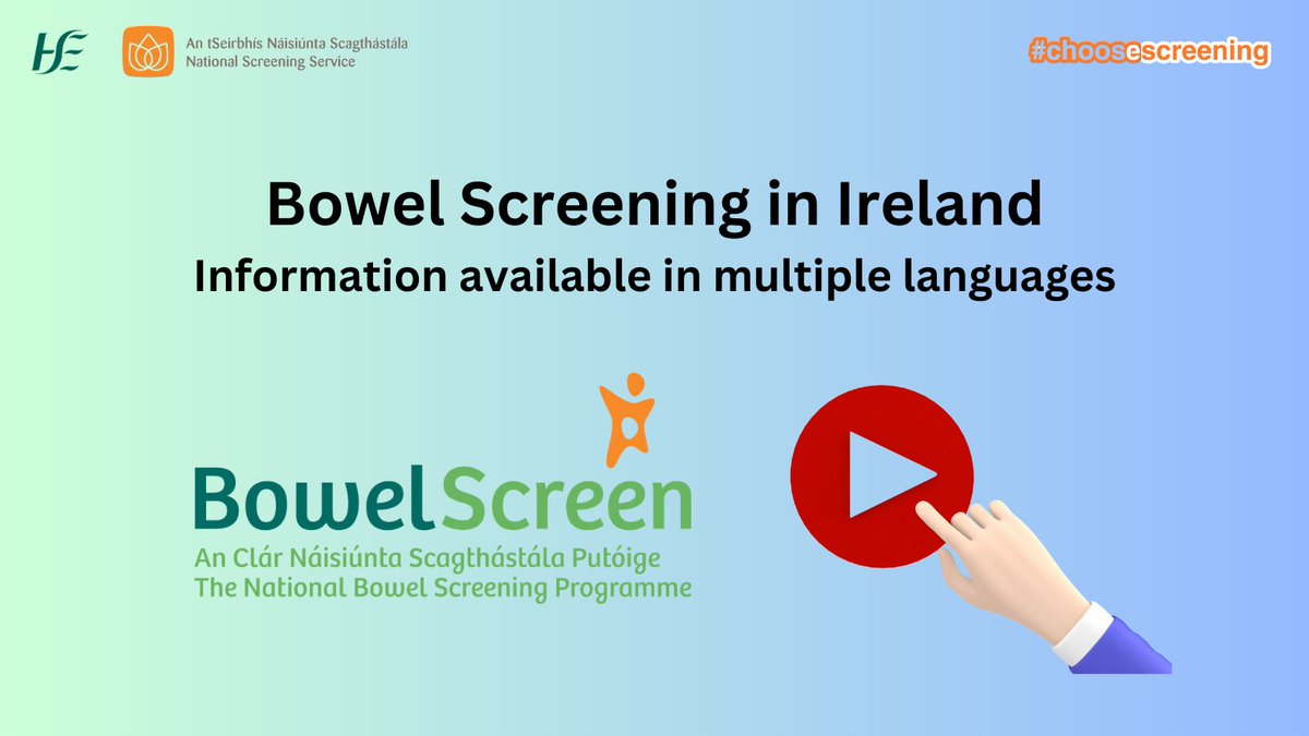 NSShse's tweet photo. All you need to know about #bowelscreening in #Ireland available in multiple languages.
#BowelScreen is for everyone aged 59 to 70.
Choose your language and watch now: https://t.co/1cakZOg9BF
#ChooseScreening #BowelCancerAwarenessMonth https://t.co/00GmRlWtcC