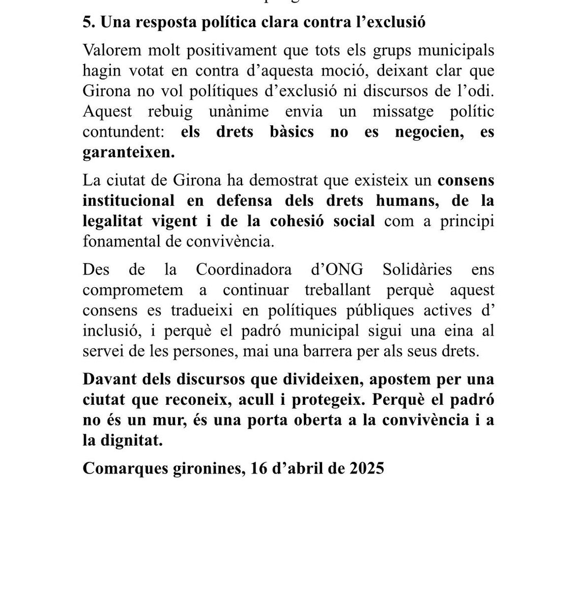 CoordONGs's tweet photo. 🗣️COMUNICAT en relació a la moció de @VOXGerona_  sobre l'empadronament
Davant dels discursos que divideixen, apostem per una ciutat que reconeix, acull i protegeix. Pq el padró no és un mur, és una porta oberta a la convivència i 
dignitat.

Llegir aquÍ: https://t.co/mmKNpGT4em https://t.co/Y8NetfEOoi