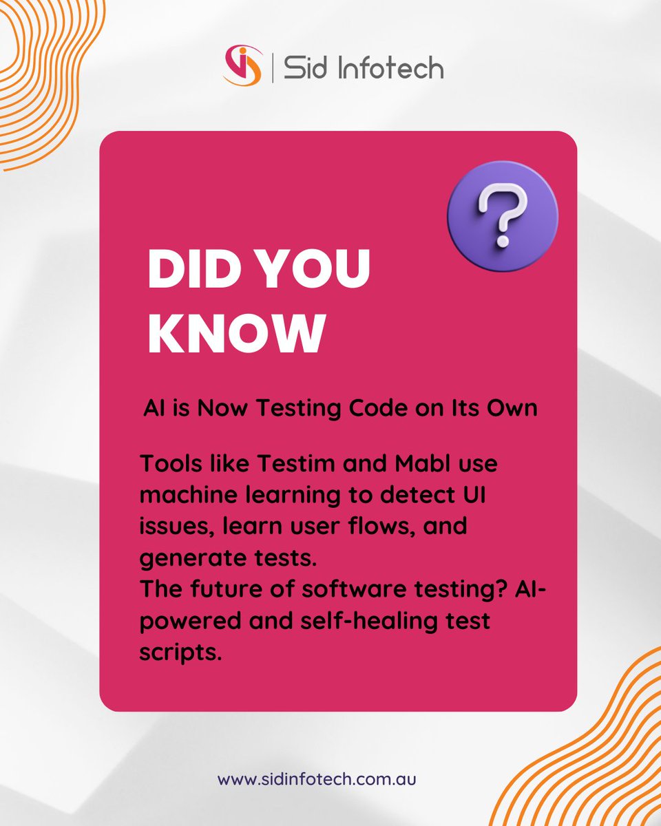 🤖 Did you know? AI is now testing code on its own!
Tools like Testim &amp; Mabl use ML to detect UI issues, learn user flows &amp; generate test scripts.
The future is AI-powered &amp; self-healing 🌐
#AITesting #Automation #SidInfotech #MachineLearning #SoftwareTesting
