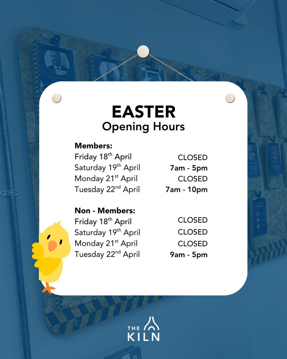 The Kiln (@thekilnco) on Twitter photo Check out our opening hours ready for the Easter Holidays!
You don't have to be a Kiln member to make the most of our space!
We have hourly and day passes available to book.
Get in touch to arrange your days to escape to The Kiln 🐰
hello@thekiln.co
#Worcestershirehour Check out our opening hours ready for the Easter Holidays!
You don't have to be a Kiln member to make the most of our space!
We have hourly and day passes available to book.
Get in touch to arrange your days to escape to The Kiln 🐰
hello@thekiln.co
#Worcestershirehour