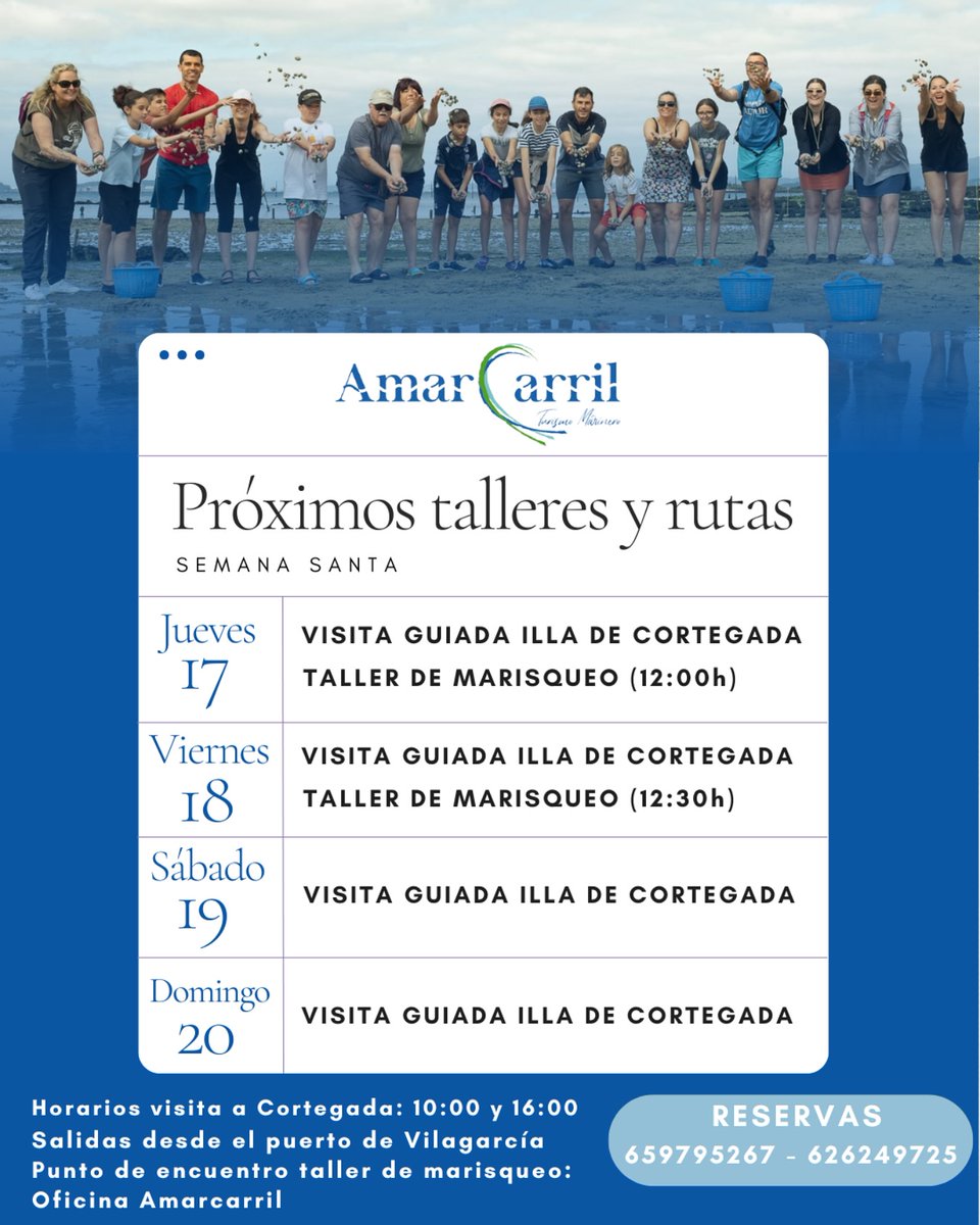 🦀 Disfruta da Semana Santa nas #RíasBaixas descubrindo a esencia desta terra mentres practicas turismo mariñeiro

Bótalle un ollo ás visitas guiadas e talleres de marisqueo que nos propoñen desde <a href="/AmarCarril/">AmarCarril</a>  👇