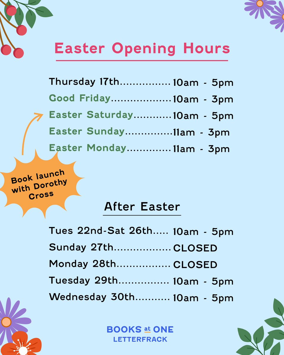 Reminder of our Easter hours and hours after Easter! We’re open all of the Easter weekend and will be hosting a book launch for Dorothy Cross on Saturday 19th! Join us at 3pm to hear about her new book ‘Kinship’ 📚 

#publishingireland #connemarabooks #dorothycross #booklaunch
