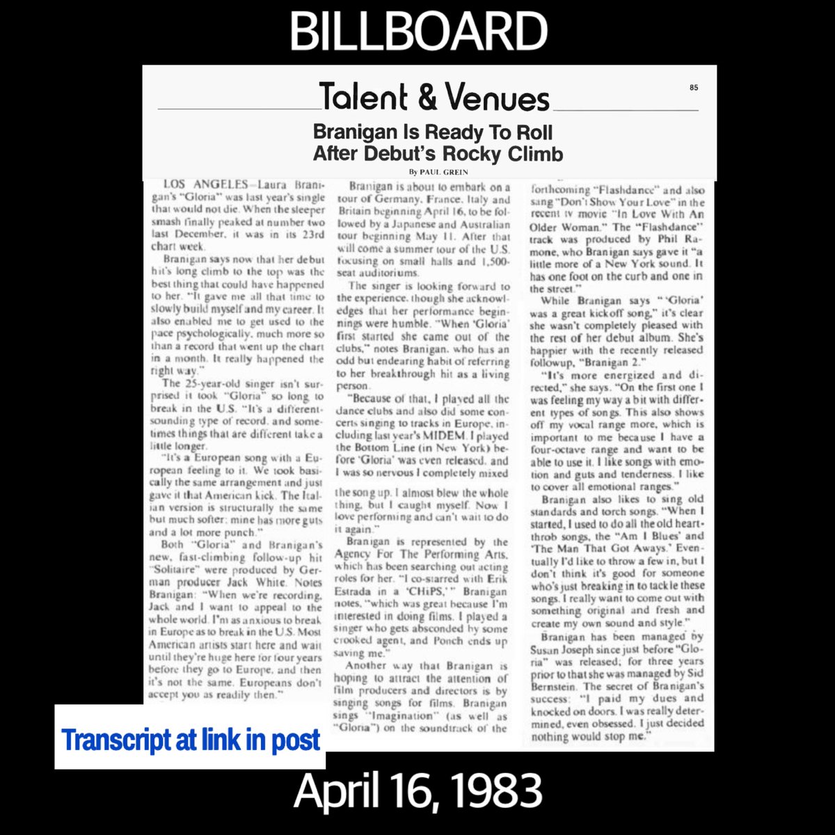 laurabranigan's tweet image. #LookingBack #Press April 16, 1983 - Billboard magazine published an article about Laura's huge success with her single "Gloria", its climb up the charts and its long duration there, its European roots, and her own words about the song. Also covered is information about her