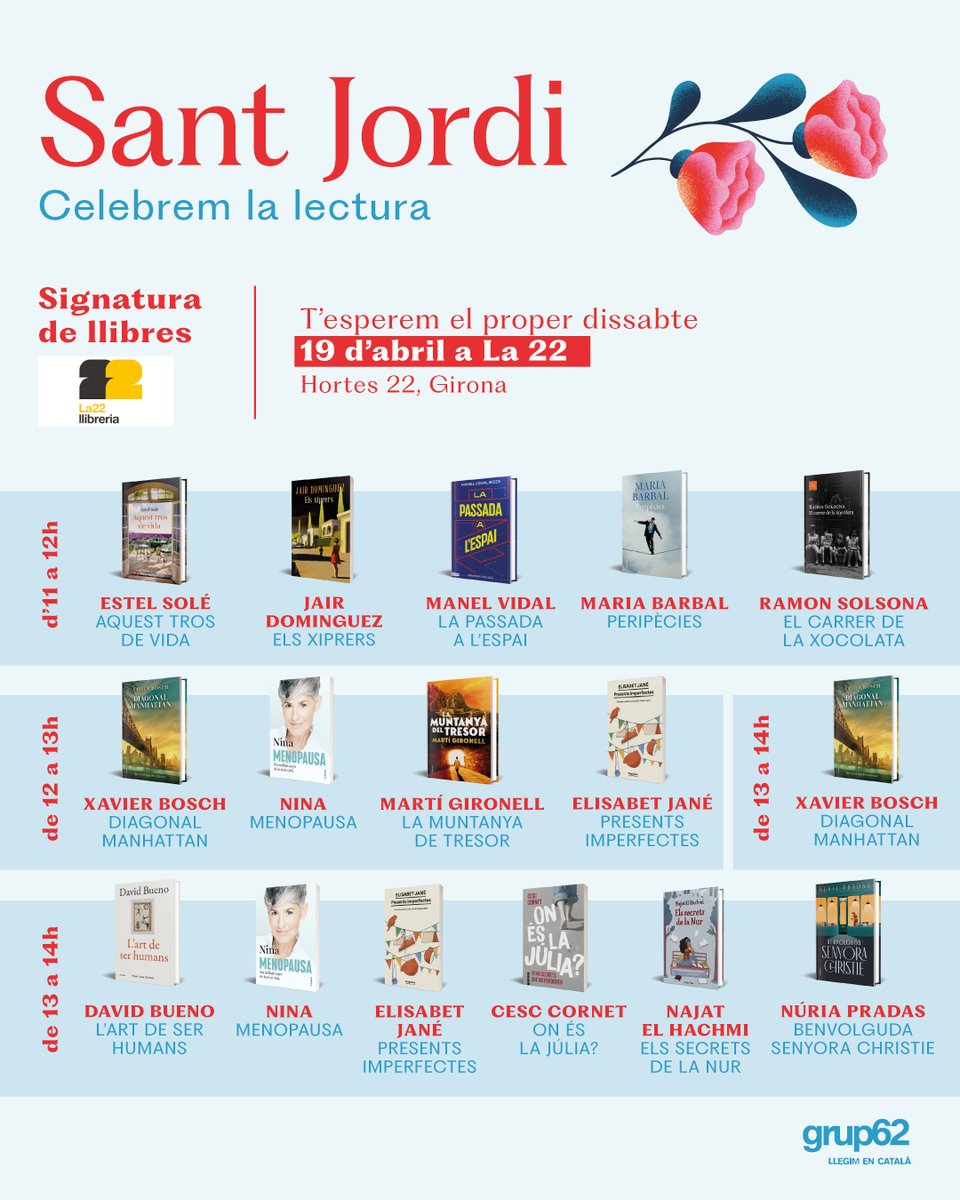 <a href="/abacus_botigues/">Abacus Botigues</a> <a href="/xavierbosch/">Xavier Bosch</a> <a href="/nina_academia/">NINA</a> <a href="/DavidBueno33/">David Bueno i Torrens</a> <a href="/NuriaPradas/">Núria Pradas</a> <a href="/EstelSole/">Estel Solé</a> <a href="/sempresaludava/">Jair Dominguez</a> <a href="/massanagranaire/">Manel Vidal Boix</a> <a href="/martigironell/">Martí Gironell</a> <a href="/TroaEmpuries/">LLIBRERIA EMPÚRIES</a> 🗺️ <a href="/LLIBRERIA22/">LLIBRERIA 22</a>
⏱️11-12h
✍️
<a href="/EstelSole/">Estel Solé</a>
<a href="/sempresaludava/">Jair Dominguez</a>
<a href="/massanagranaire/">Manel Vidal Boix</a>
#MariaBarbal
#RamonSolsona

⏱️12-13h
✍️
<a href="/xavierbosch/">Xavier Bosch</a>
<a href="/nina_academia/">NINA</a>
<a href="/martigironell/">Martí Gironell</a>
#ElisabetJané

⏱️13-14h
✍️
<a href="/xavierbosch/">Xavier Bosch</a>
<a href="/DavidBueno33/">David Bueno i Torrens</a>
#ElisabetJané
#CescCornet
#NajatElHachmi
<a href="/NuriaPradas/">Núria Pradas</a>