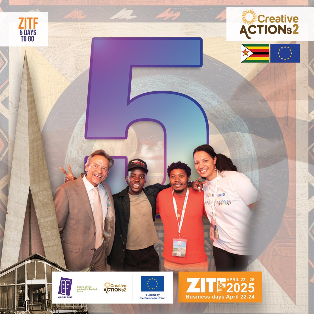 Culture Fund (@culturefundzim) on Twitter photo 5 days to go. Join us at ZITF. 21-26 April 2025 in Bulawayo. Visit the EU stand. β¦<a href="/euinzim/">EU Delegation to Zimbabwe πͺπΊ</a>β© 5 days to go. Join us at ZITF. 21-26 April 2025 in Bulawayo. Visit the EU stand. β¦<a href="/euinzim/">EU Delegation to Zimbabwe πͺπΊ</a>β©