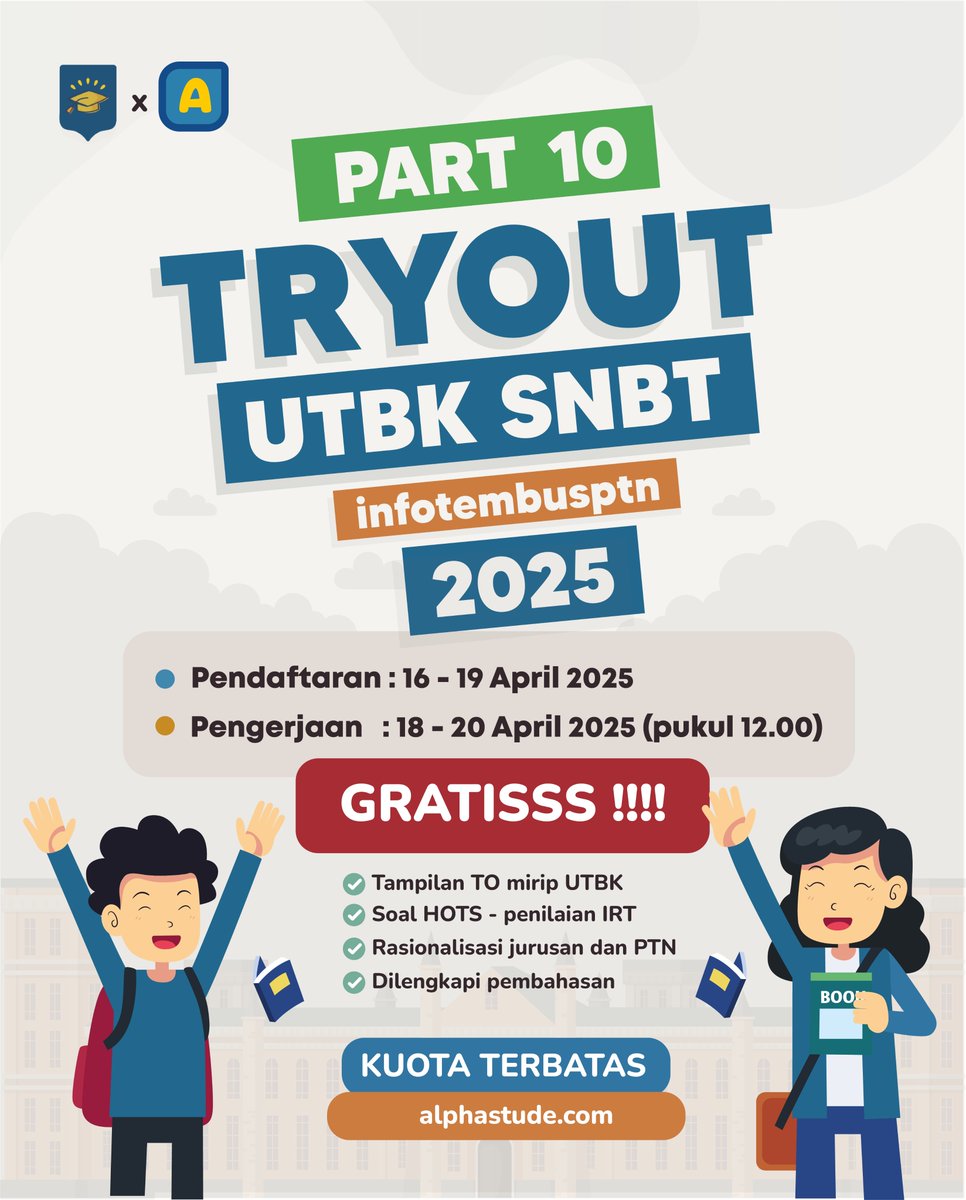 INFO SNBP - UTBK SNBT 2025 (@infotembusptn) on Twitter photo UDAH H-7 UTBK 🔥🔥🔥
⭐️TO UTBK GRATIS PART 10 ⭐️
📅 Periode Pendaftaran: 16 - 19 April 2025
📝 Periode Pengerjaan: 18 - 20 April 2025 (pukul 12.00 WIB)
Syaratnya mudah :
1. LIKE & RT postingan ini
2. Follow
<a href="/alphastude/">Alphastude | TRYOUT UTBK 2025</a>
3. Komen “DONE” di kolom komentar
Lalu daftar di UDAH H-7 UTBK 🔥🔥🔥
⭐️TO UTBK GRATIS PART 10 ⭐️
📅 Periode Pendaftaran: 16 - 19 April 2025
📝 Periode Pengerjaan: 18 - 20 April 2025 (pukul 12.00 WIB)
Syaratnya mudah :
1. LIKE & RT postingan ini
2. Follow
<a href="/alphastude/">Alphastude | TRYOUT UTBK 2025</a>
3. Komen “DONE” di kolom komentar
Lalu daftar di