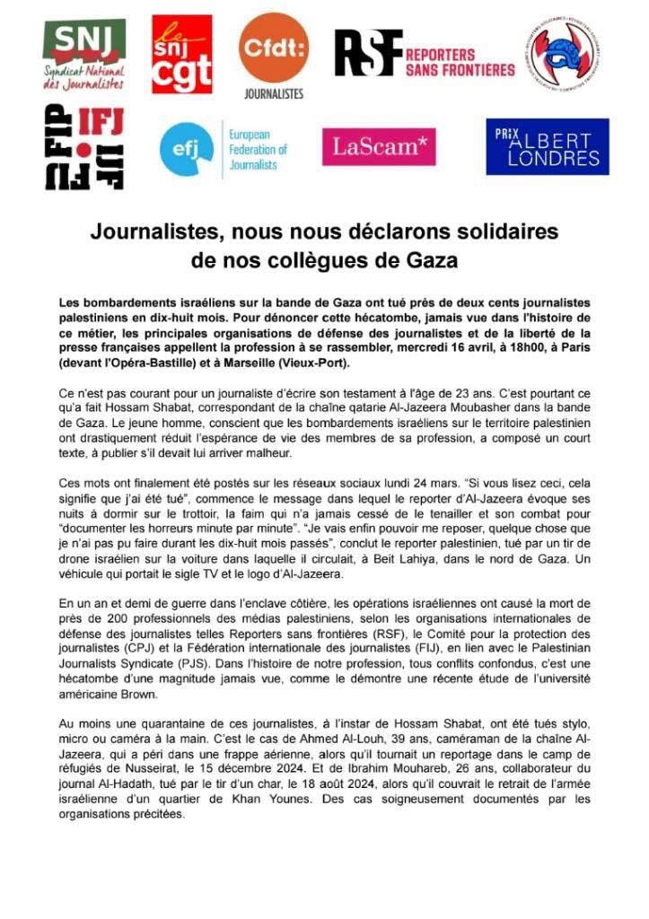 « Nous, journalistes français, nous déclarons solidaires de nos collègues de Gaza. »

Rendez-vous à Marseille ce soir à 18h, sous l'ombrière du Vieux-Port.