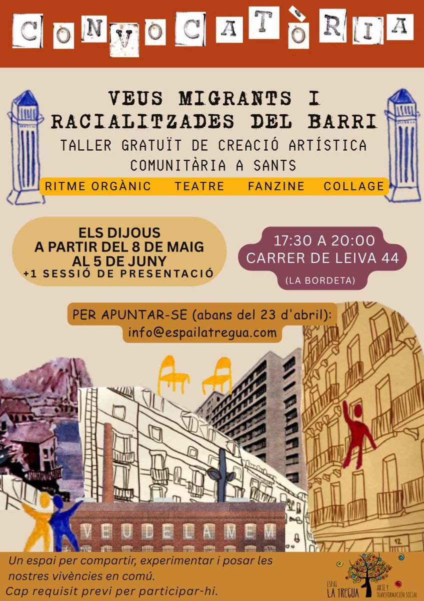 La Diversa Cooperativa (@ladiversacoop) on Twitter photo Tallers de Creació Artística per a persones migrants i racialitzades del barri!!
Als locals de la cooperativa acollim aquest projectàs de <a href="/Espailatregua/">La Tregua coop #RegularizacionYa</a> per enfortir la comunitat. Ens ajudeu a difondre?? Tallers de Creació Artística per a persones migrants i racialitzades del barri!!
Als locals de la cooperativa acollim aquest projectàs de <a href="/Espailatregua/">La Tregua coop #RegularizacionYa</a> per enfortir la comunitat. Ens ajudeu a difondre??