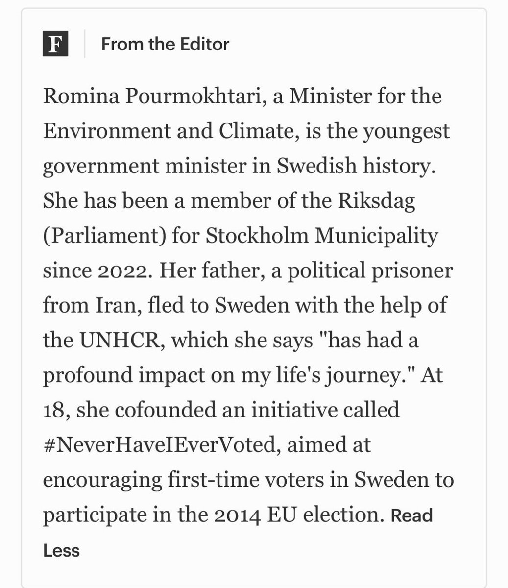 Att Sveriges klimat-och miljöminister Romina Pourmokhtari rankats till en av de mest framträdande personerna under 30 av Forbes för 2025 års upplaga är ett stort erkännande.

Stort grattis bästa Romina. Det är du värd efter år av klappjakt mot dig av oppositionen som agerat