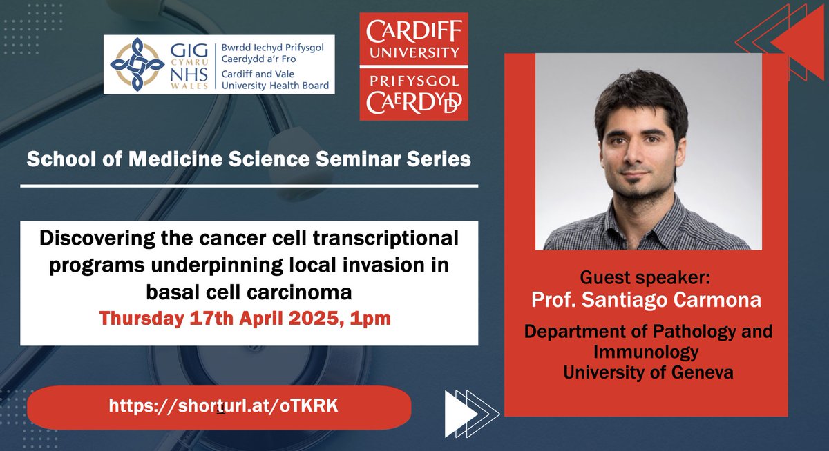 Systems Immunity Research Institute (@cusystemsimmu) on Twitter photo Science Seminar on APr 17th 1pm GMT by Prof. Santiago Carmona titled Discovering the #cancer cell #transcriptional programs underpinning local invasion in basal cell #carcinoma. Please register at
eventbrite.co.uk/e/cardiff-univ…
<a href="/carmonation/">Santiago Carmona 🧬 🖥️ carmonation.bsky.social</a> <a href="/unige_en/">UNIGE_en</a> <a href="/ISBSIB/">SIB</a> <a href="/CavMedEd/">Medical Education</a> Science Seminar on APr 17th 1pm GMT by Prof. Santiago Carmona titled Discovering the #cancer cell #transcriptional programs underpinning local invasion in basal cell #carcinoma. Please register at
eventbrite.co.uk/e/cardiff-univ…
<a href="/carmonation/">Santiago Carmona 🧬 🖥️ carmonation.bsky.social</a> <a href="/unige_en/">UNIGE_en</a> <a href="/ISBSIB/">SIB</a> <a href="/CavMedEd/">Medical Education</a>