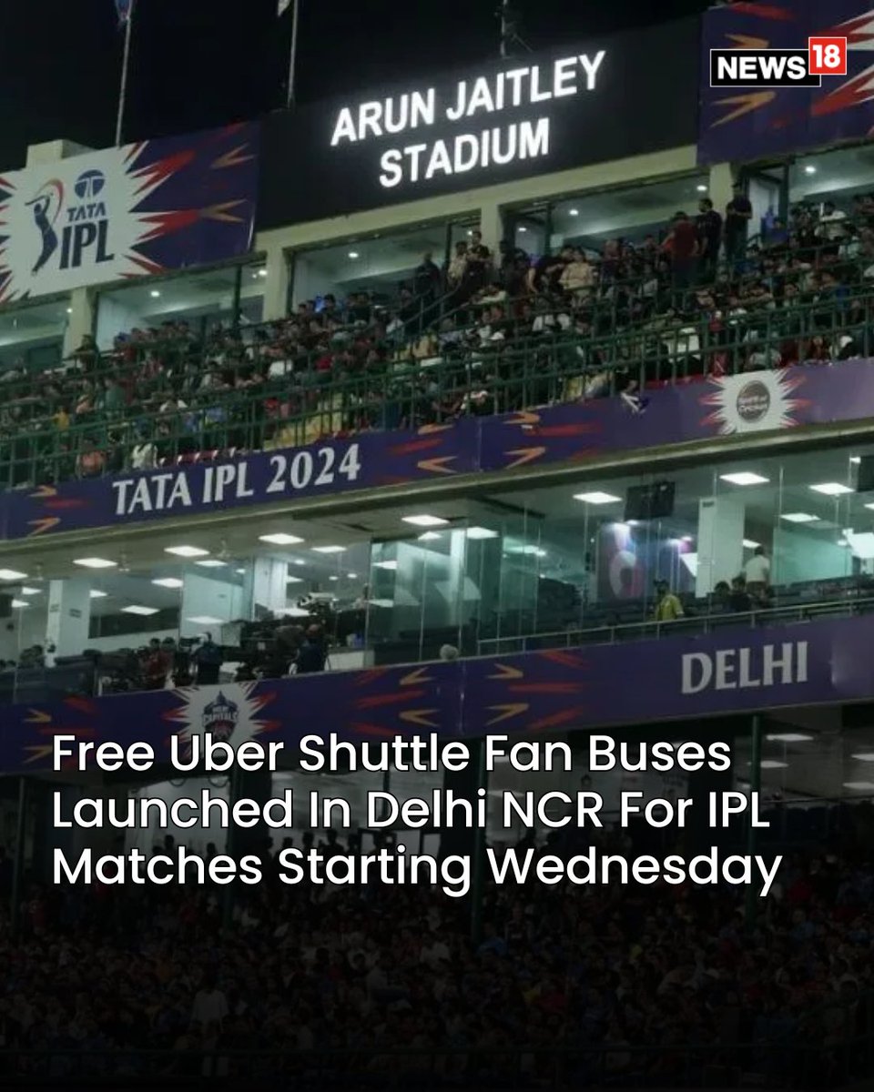 CNNnews18's tweet photo. The service aims to make travel to the stadium easier and stress-free for fans travelling from Delhi, Noida, and Gurgaon
#Delhi #Noida #Gurgaon #IPLMatch #Uber #DelhiNCR #FreeUber #Shuttle
https://t.co/pjUgQC560v https://t.co/vfGRj592fs