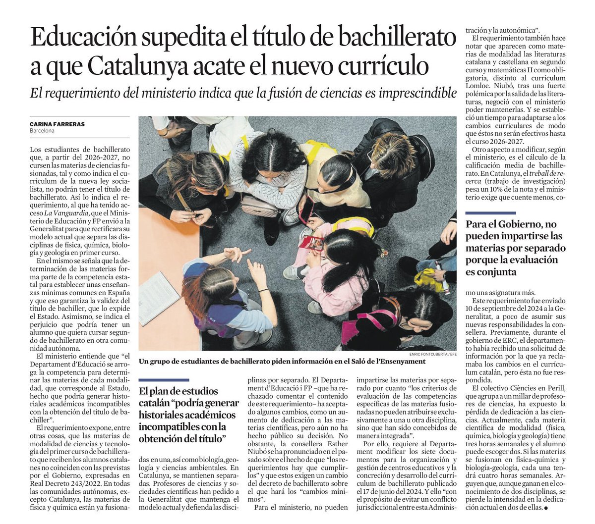 La fusió (i reducció) de les assignatures de ciències al batxillerat és una mesura que, fins on jo sé, topa amb el rebuig de TOTES les parts implicades a Catalunya. Ara bé, es farà perquè ho imposa l'Estat espanyol. Tenen alguna cosa a dir-hi, els unionistes?