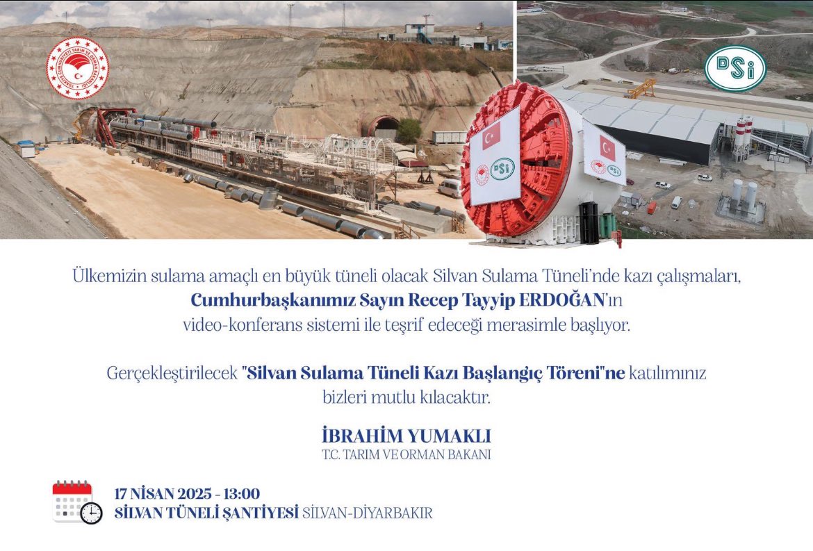 📅 17 Nisan 2025 (Yarın)
📍 Silvan Tüneli Şantiyesi

Silvan Sulama Tüneli, bereketin toprakla buluştuğu, emeğin suyla can bulduğu büyük bir rüyanın gerçeğe dönüşmesidir. Bu dev proje, sadece mühendislik açısından değil, aynı zamanda ülkemizin tarımsal kalkınması, gıda güvenliği