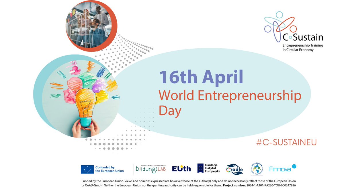 🚀 Celebrating the World Entrepreneurship Day with C-Sustain!
💡#Entrepreneurship creates #opportunity for all! 
A key force for building a #sustainable, #inclusive, &amp; forward-thinking #Europe!🌍✨
#EntrepreneurshipDay #YouthInnovation #Sustainability #CircularEconomy #CSustaineu