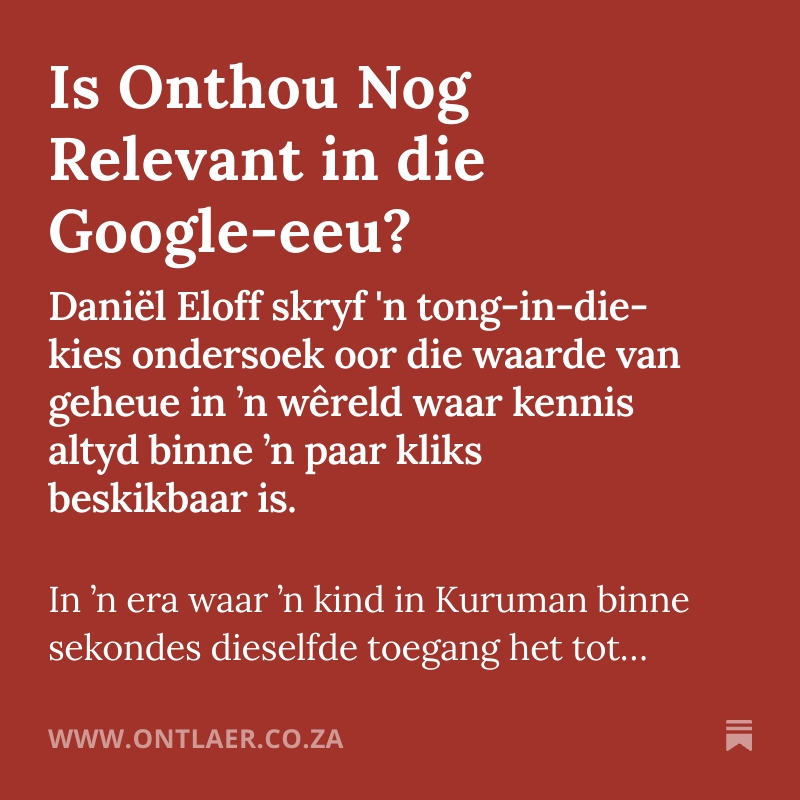 Ek en twee vriende het onlangs ons eie Substack begin.

My nuutste artikel vir OntLaer is bietjie iets anders as die politiek en regte waaroor ek gewoonlik skryf. In die artikel vra ek of onthou nog nodig in ’n wêreld waar jy alles kan Google?

Lees hier:
ontlaer.co.za/p/is-onthou-no…