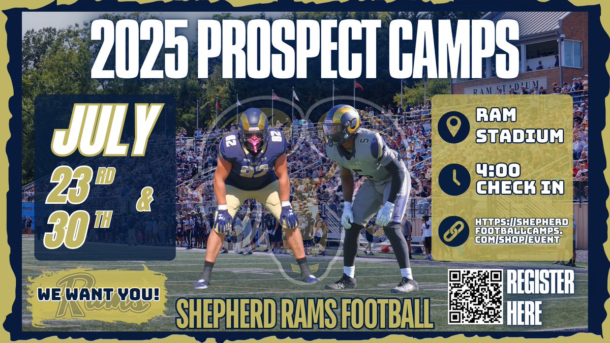 🚨Shepherd Football Prospect Camps are OPEN for registration🚨 Join us in July to develop, compete and be evaluated one last time before your season.

Use link to register. 
shepherdfootballcamps.totalcamps.com/About%20Us
