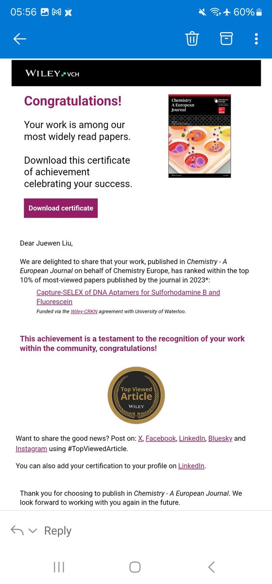 bionaloo's tweet image. Four of our papers ranked as most widely read papers in Wiley publications, topics ranging from aptamers, microplastics to nanozymes. 👏👏
