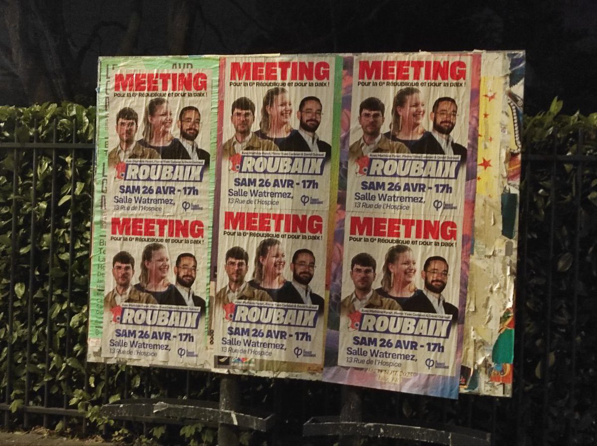 🔴  Le meeting du 26 approche ! 

Au marché de l'Alma et partout à Roubaix et alentours, on annonce la venue de <a href="/MathildePanot/">Mathilde Panot</a>, <a href="/GuiraudInd/">David Guiraud</a> et Pierre Yves Cadalen ! 

Le 26 avril, salle Wattremez,  à 17h, on parlera 6ème République et paix ! ✊🏻