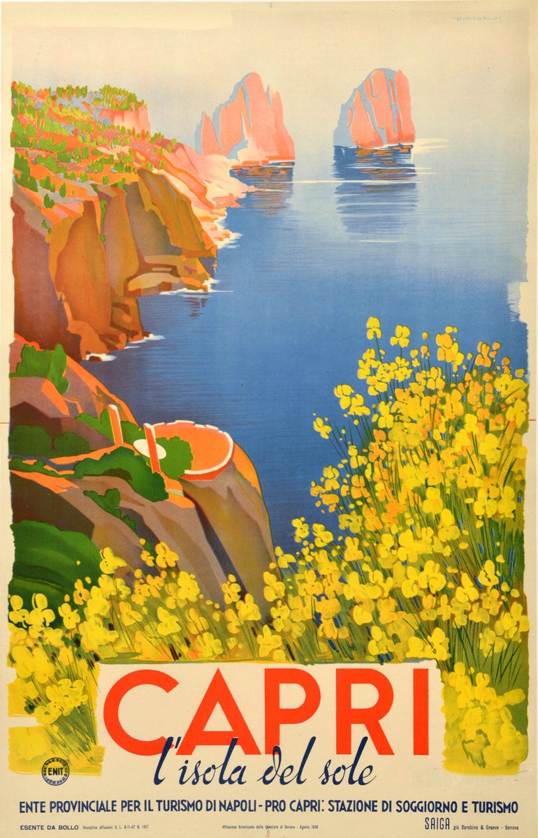 AntikBar's tweet photo. Original #vintage #poster of the day - Capri l'isola del Sole / Island of the Sun (1948) Artist: Giuseppe Riccobaldi โ https://t.co/O7QoLzQ1PD
#Capri #Italy #Travel #Art #Cliffs #Faraglioni #Rock #Formations #Flowers #Ancient #Ruins #Island #Resort #Tourism #WildFlowerWeek https://t.co/TT8NHC0JzA