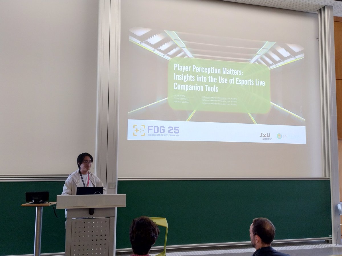 Guenter Wallner (@wallnergue) on Twitter photo My PhD student <a href="/wangletian/">Letian Wang 🇦🇹🇮🇪🇬🇧</a> hitting the stage at #fdg25 to present his work on the use of live companion apps of #eSports games. My PhD student <a href="/wangletian/">Letian Wang 🇦🇹🇮🇪🇬🇧</a> hitting the stage at #fdg25 to present his work on the use of live companion apps of #eSports games.