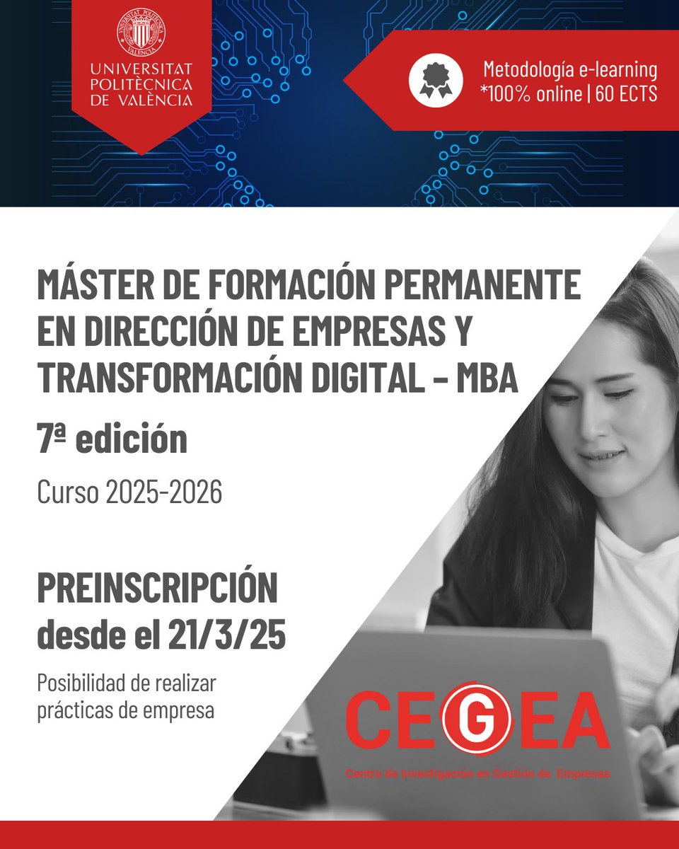 📣 Ya está abierto el plazo de inscripción para la nueva edición 2025/2026 de los MBA de CEGEA
💻 Metodología online y asíncrona
🙌 Complementa tu formación y adquiere la visión económico-financiera de la empresa que necesitas
¡Haz ya tu preinscripción!
cfp.upv.es/formacion-perm…