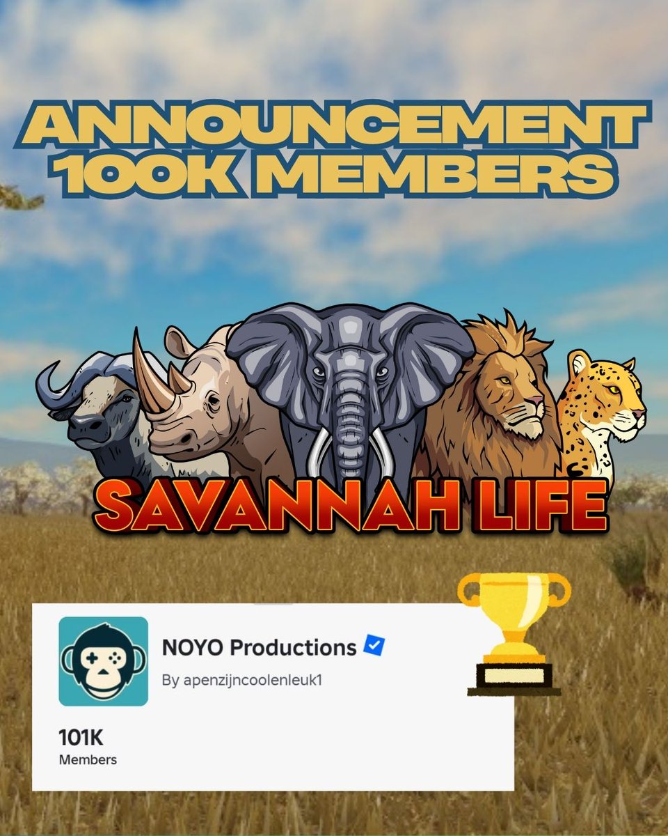 NOYO_Production's tweet image. 🎉 100K Members on Roblox – THANK YOU! 🎉
🚨  This special gift will be launched on Friday, April 18 between 6–7 AM UTC and will remain available afterward!
#SavannahLife #Roblox #NOYOProductions #100KMembers #FriendsReward #WildlifeGaming #RobloxAnimals