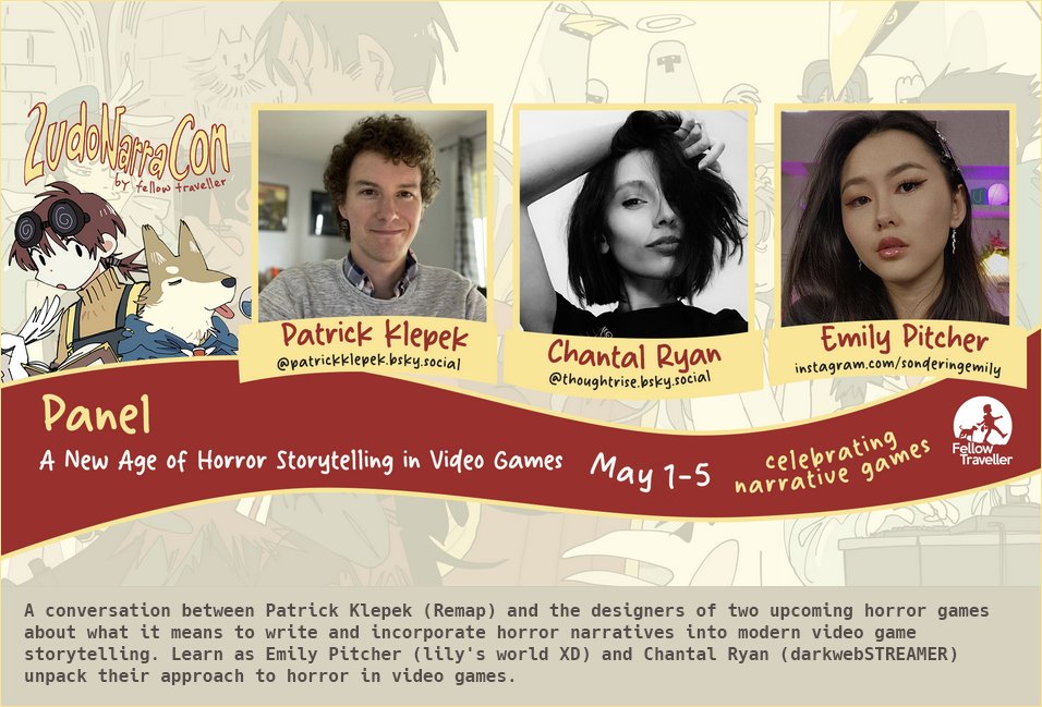 .chantal//RYAN (@thoughtrise) on Twitter photo come listen to me ramble about horror, my beloved, as i talk with <a href="/patrickklepek/">Patrick Klepek ๐</a> and <a href="/sonderingemily/">Emily โจ๏ธ Wishlist lily's world XD</a> this LudoNarraCon ๐
#ludonarracon #games #gamedev #horrorgames #horror come listen to me ramble about horror, my beloved, as i talk with <a href="/patrickklepek/">Patrick Klepek ๐</a> and <a href="/sonderingemily/">Emily โจ๏ธ Wishlist lily's world XD</a> this LudoNarraCon ๐
#ludonarracon #games #gamedev #horrorgames #horror