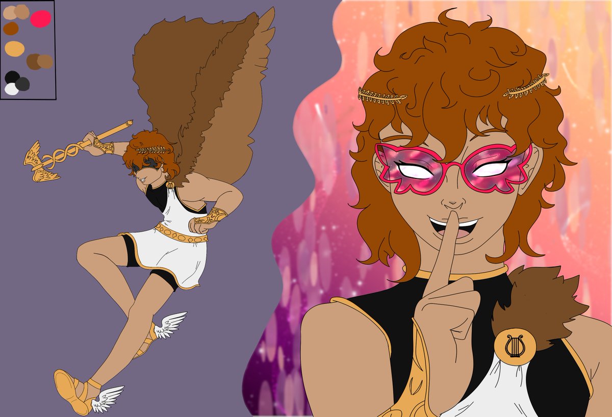 My version of Hermes For Epic.   I really wanted to figure out how to incorporate Troys coat, so I made it furred with it looking like wings underneath Also couldn't draw the stupid hat, chose a mask instead.(and fun sunglasses) #Hermes #Epicthemusical #Epicfanart #EpicHermes