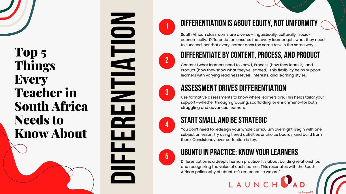 Teaching Tip for Teachers in South Africa!
Differentiation isn't about doing more—it's about doing what's right for your learners. 🇿🇦✨
Here are 5 powerful reminders to help you meet every learner where they are.
#Differentiation #ZAedu #InclusiveEducation #TeacherTips #PurpleZA