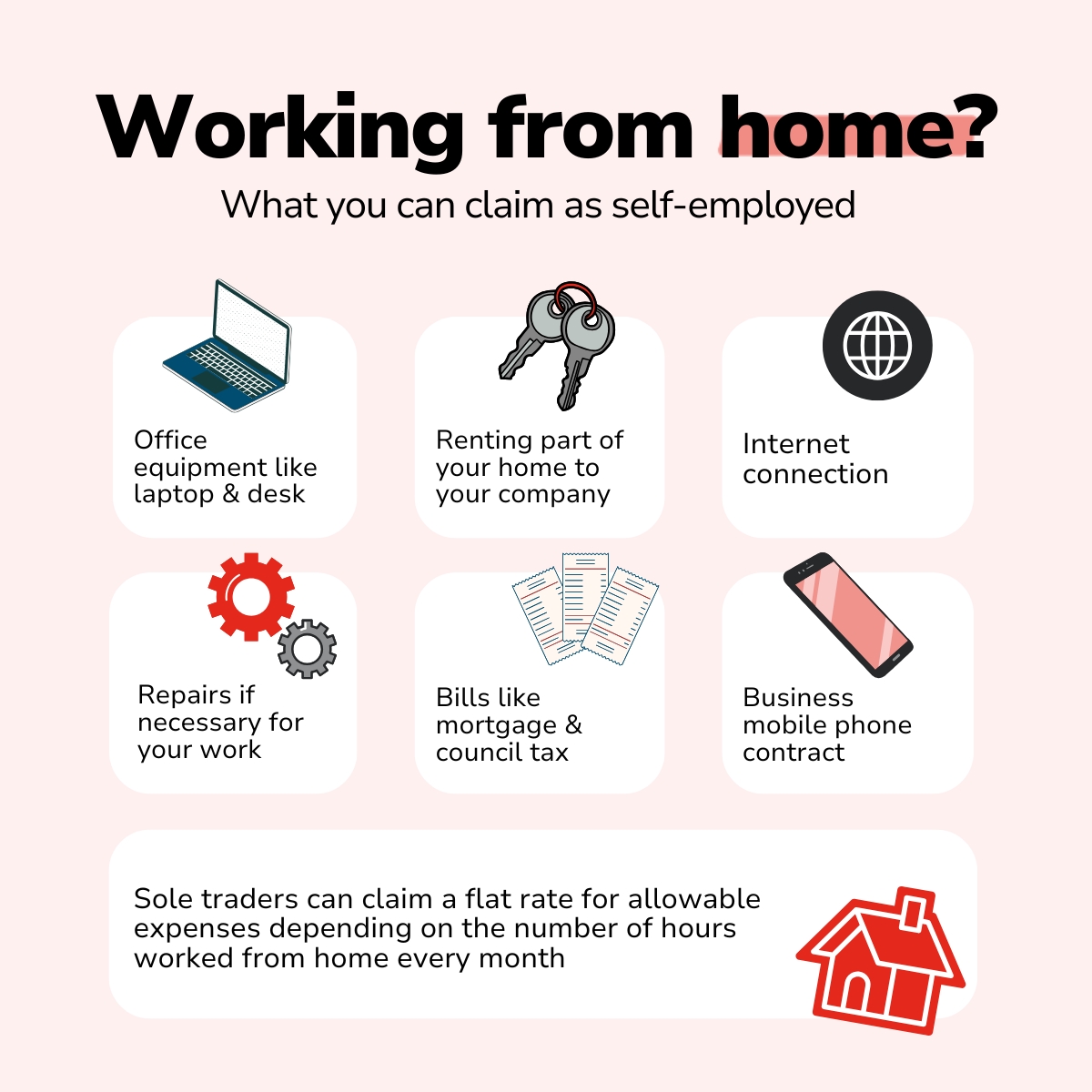 Self-employed but work from home? Today's ✨Financial Glow Up✨ is for you 👇

There are lots of different expenses you can claim when working from home, including: