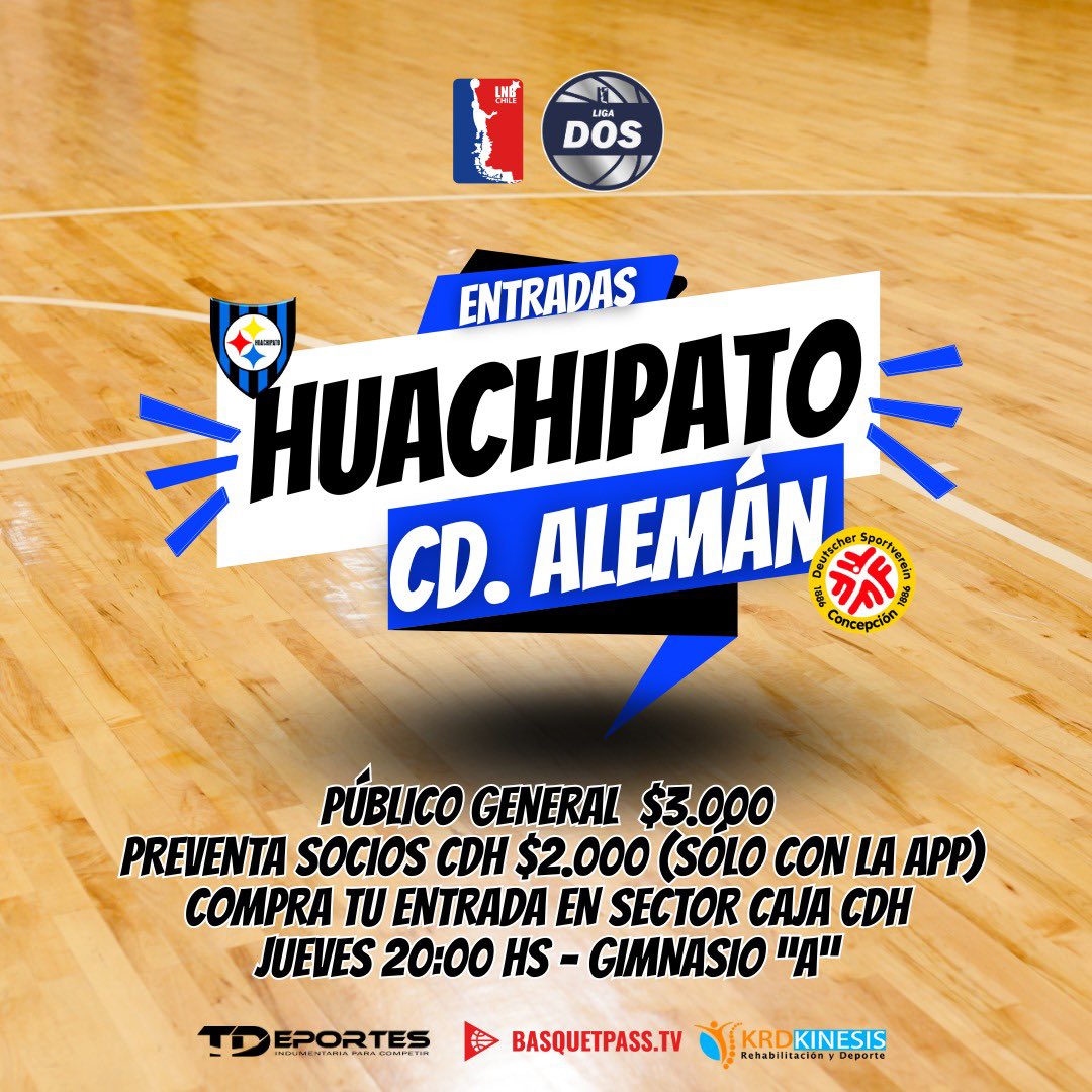 ¡COMPRA TU ENTRADA! Hoy durante todo el día en sector Caja del CDH. Huachipato vs Alemán Jueves 17 de abril 20:00 hs. Todos juntos Acereros 🏀💙🖤
