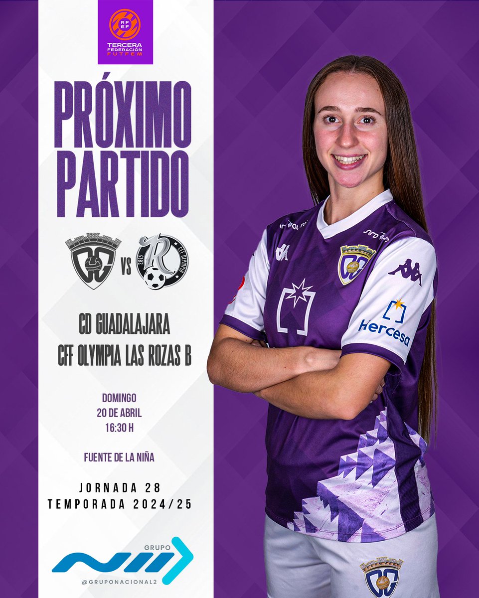 ❗PRÓXIMO PARTIDO

🏆#3RFEF | GRUPO IV | JORNADA 28 
🆚<a href="/cff_olympia/">CFF Olympia Las Rozas</a> B

🏟️Fuente de la Niña
📍Guadalajara   

📆Domingo, 20 de abril
⏰16:30h

#AúpaDépor⚪️🟣#DéporOlympiaFEM⚔️