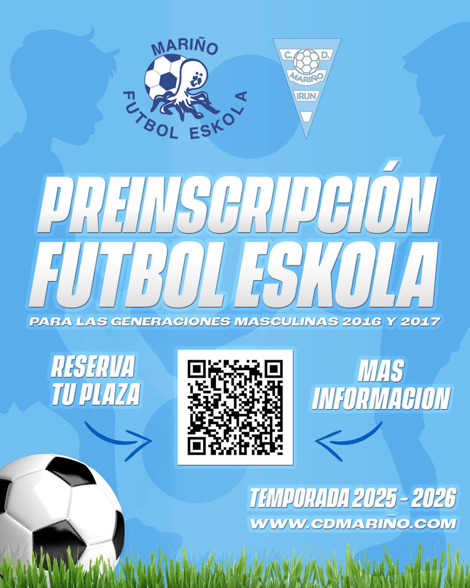 CDMarinoKE's tweet photo. ✍️🩵 Abierta la preinscripción de nuestra Futbol Eskola Masculina para las generaciones del 2016 y 2017!

Una gran oportunidad para aprender a jugar a fútbol! No te quedes sin tu plaza! ✨⚽ Más información y reserva de plazas en el siguiente link:

🔗 https://t.co/EMKQrz3Um8 https://t.co/OCyX0cZus6