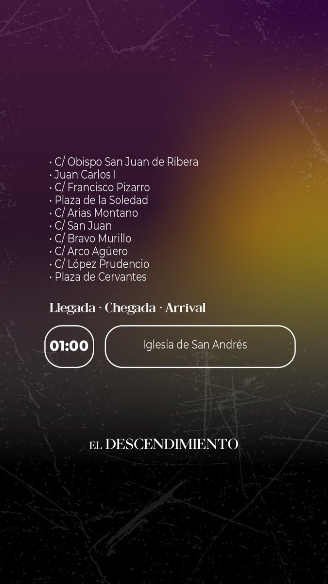 Procesión El Descendimiento
Iglesia de San Andrés
Salida: 20:30 h
Carrera oficial: 21:45 h