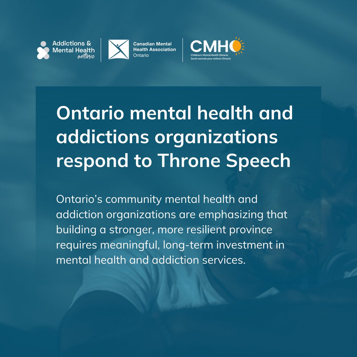 In response to yesterday’s Throne Speech AMHO, <a href="/CMHAOntario/">CMHA Ontario</a>, and <a href="/kidsmentalhlth/">CMHO</a> issued a joint statement calling on the province to recognize the urgent need for meaningful, long-term investment in the mental health and addiction sector.

Full statement: amho.ca/amho-news/onta…