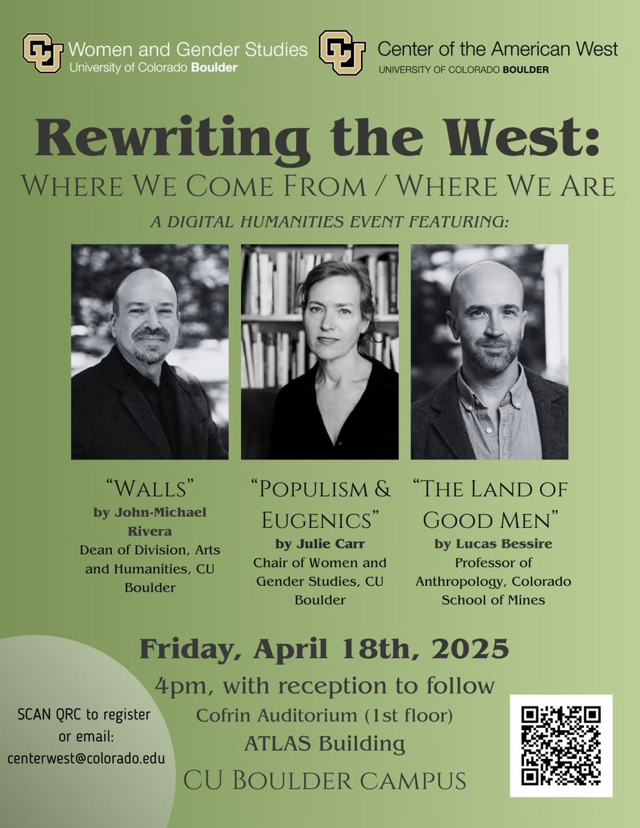 Rewriting the West: Where we come from / Where we are.
📅 April 18th | 🕜 4PM
📍Confirm Auditorium | ATLAS Building
RSVP Here: cuboulder.qualtrics.com/jfe/form/SV_9T…