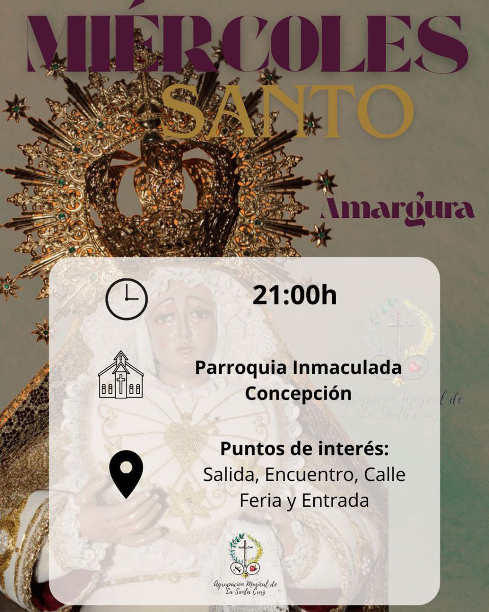 🟢 𝙈𝙄𝙀́𝙍𝘾𝙊𝙇𝙀𝙎 𝙎𝘼𝙉𝙏𝙊 🟣

A tan solo unas horas de acompañar a nuestros Sagrados Titulares por las calles de nuestra Villa 💜💚

¡Miércoles Santo de Mayor Dolor, Amargura y Santa Cruz! 🥁🎺

Hermandad de la Santa Cruz, Benamejí 

#AMSC✝

#SuenaSantaCruz🎶🎶